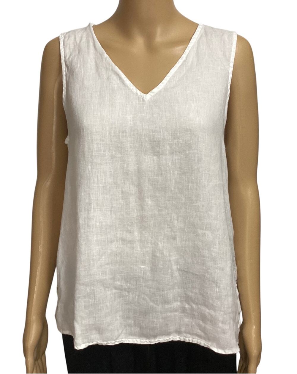 Isaac Mizrahi New York White 100% Linen Sleeveless V-Neck Side-Button Top Size M